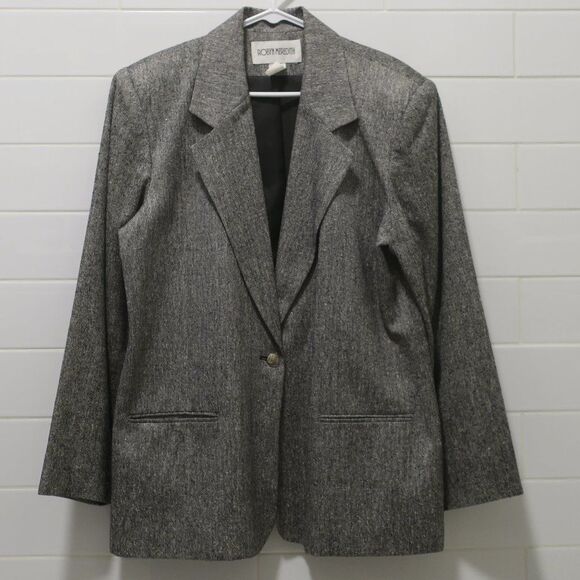 ROBYN MEREDITH VINTAGE BLAZER TWEED BOXY WOOL SILK BLACK WHITE sz 14 pocket line - Picture 1 of 7